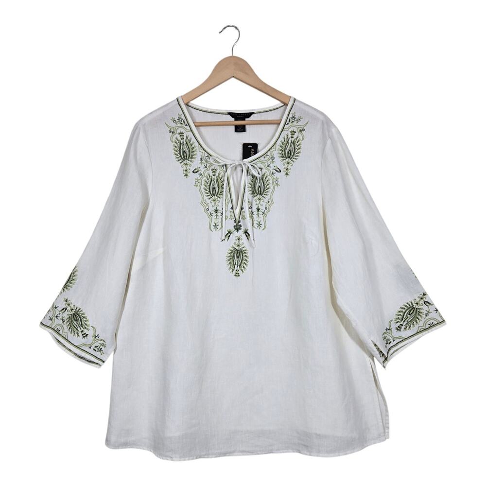 Anne Carson Woman Linen Embroidered Top 1X Ivory Green Boho Resort Tunic